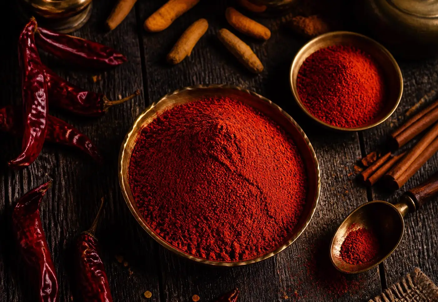 Red chilli powder in brass bowls with whole dried chillies